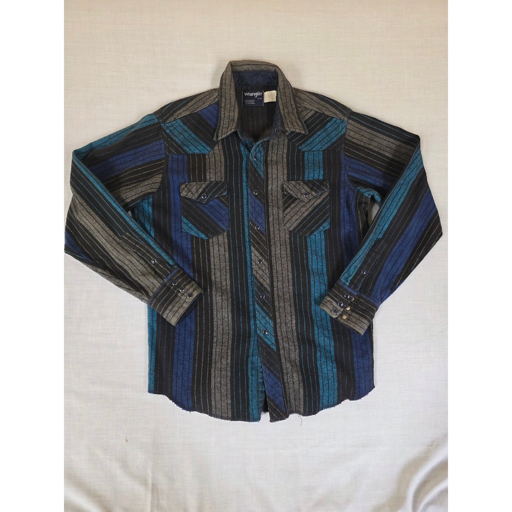 Vintage‎ Wrangler Heavyweight Flannel Western Snap Shirt 17-35 Blue Grey XL 80s